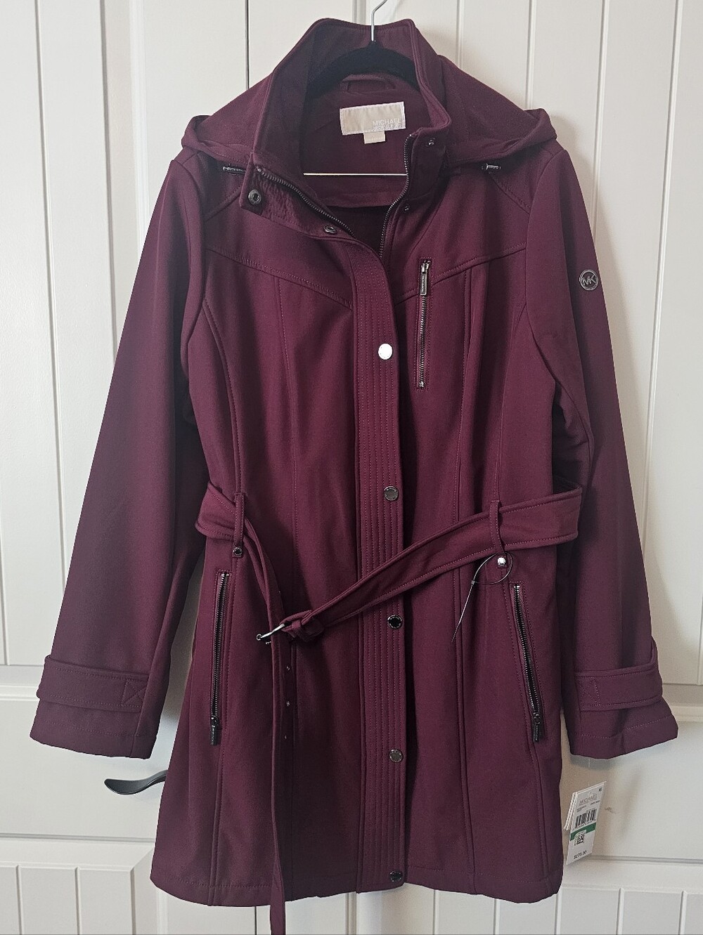 Michael Kors Dark Ruby Hooded Belted Trench Rain Coat